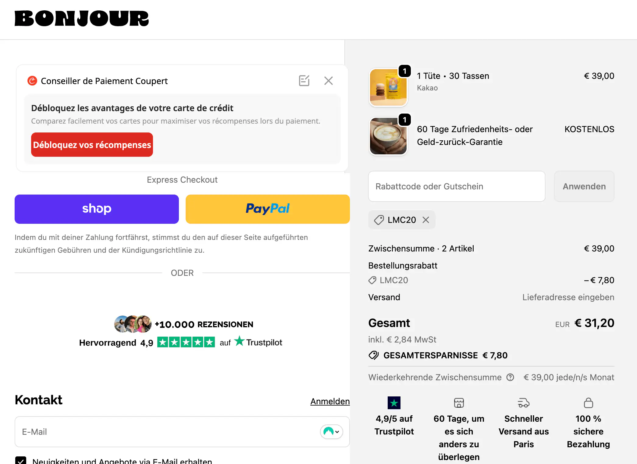 Sobald du deine Produkte in den Warenkorb gelegt hast, gehe zur Kasse. Dort findest du ein Eingabefeld mit der Bezeichnung "Gutscheincode" oder "Rabattcode" direkt über der Bestellübersicht. Tippe LMC20 in Großbuchstaben in dieses Feld ein und klicke auf "Einlösen". Der 20% Rabatt wird automatisch berechnet und vom Gesamtbetrag abgezogen. Überprüfe vor dem Bezahlen, dass der Rabatt auch wirklich angezeigt wird – so stellst du sicher, dass der Bonjour Drink Rabattcode korrekt berücksichtigt wurde.