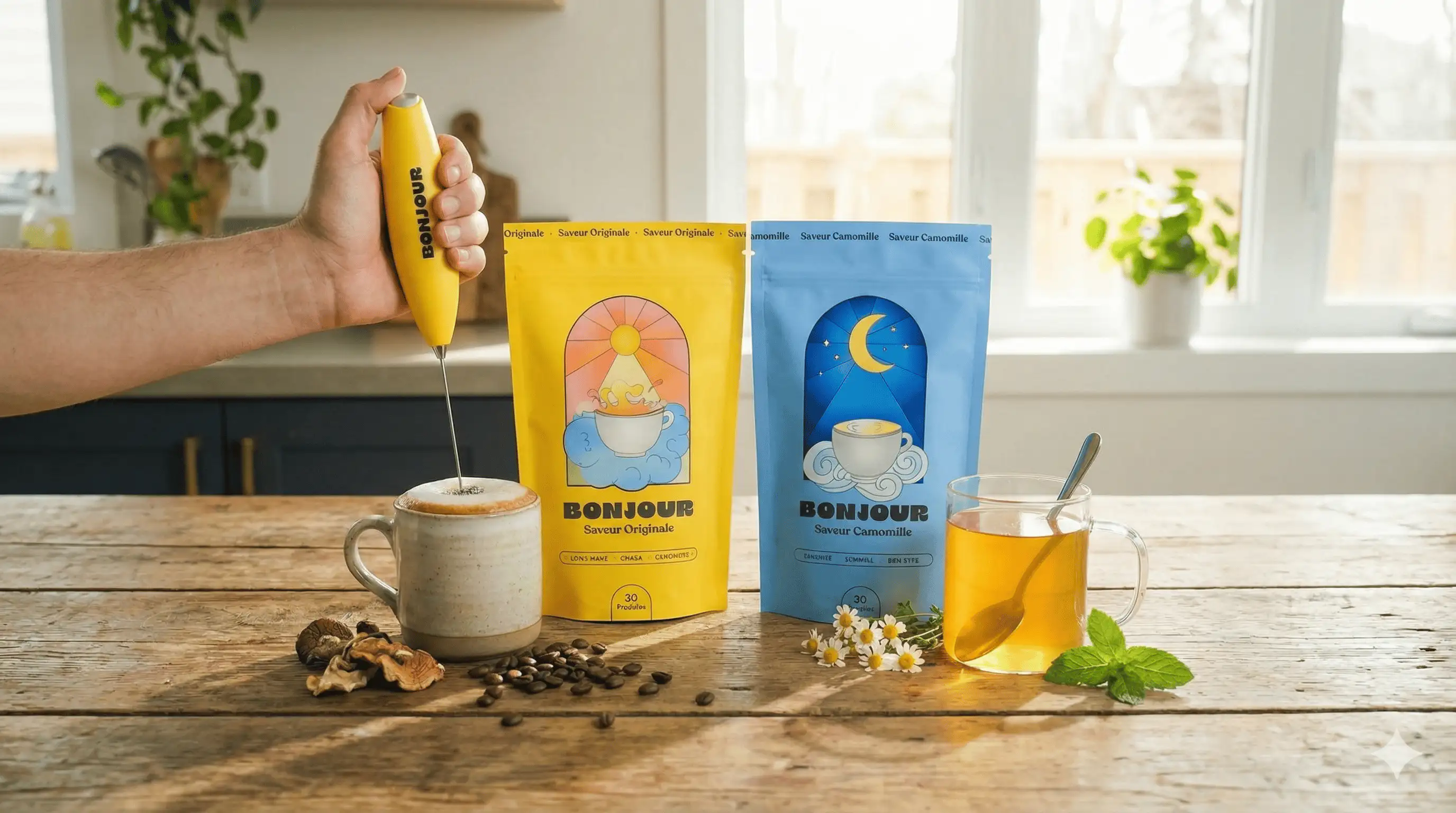 Bonjour Drink bietet drei Rezepte mit unterschiedlichen Geschmacksrichtungen: Original (Noten von Kakao und geröstetem Getreide), Kaffee (kräftiges Aroma von authentischem Kaffee) und Kakao.