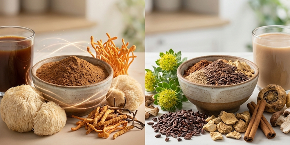 Bonjour Drink setzt auf eine seltene Konzentration an Pilzen (2250 mg pro Tasse, also 40% der Gesamtzusammensetzung), mit drei adaptogenen Sorten – Lion's Mane, Cordyceps und Chaga – extrahiert nach einem fortgeschrittenen Verfahren inklusive Ultraschallbad zur Erhaltung der Wirkstoffe.Clearly Not Coffee bevorzugt einen Multi-Pflanzen-Superfood-Ansatz, der Kakao, Maca, Lion's Mane, Chaga, Zimt und Rhodiola kombiniert, ohne Koffein, für globale Unterstützung des mentalen und emotionalen Gleichgewichts.