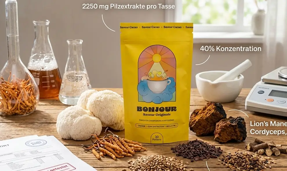 Adaptogene Pilze (Lion's Mane, Chaga, Cordyceps) Bonjour Drink enthält 2250 mg konzentrierte Pilzextrakte pro Tasse, also 40% der Gesamtzusammensetzung. Diese seltene und kraftvolle Konzentration wird durch fortgeschrittene Extraktion inklusive Ultraschallbad gewonnen und garantiert maximalen Reichtum an Wirkstoffen.