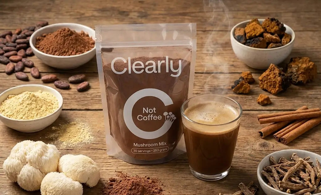 Die Clearly-Formel integriert Kakao (reich an Antioxidantien und Theobromin), Maca (für Energie und hormonelles Gleichgewicht), Lion's Mane und Chaga (für Kognition und Immunität), Zimt (entzündungshemmend) und Rhodiola (adaptogenes Anti-Stress).