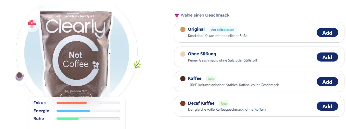 Clearly Not Coffee GeschmackClearly Not Coffee bietet ein Kakao-Superfood-Profil mit erdigeren und ausgeprägteren Adaptogene-Noten als Bonjour Drink. Die Mischung aus Kakao, Maca, Zimt und Rhodiola schafft einen komplexen Geschmack, weniger konsensual, aber von Superfood-Liebhabern geschätzt.
