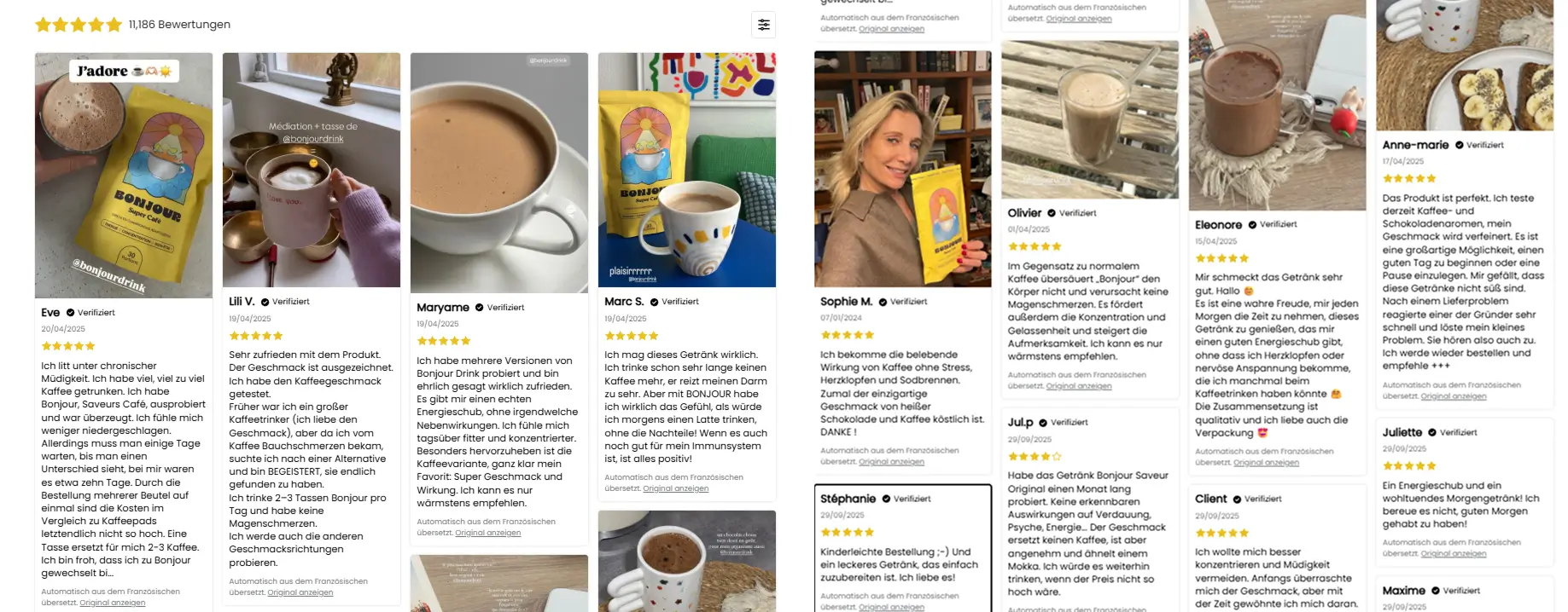 Bonjour Drink Versprechen vs Resenzionen Bonjour Drink verspricht stabile Energie, mentale Klarheit, sanfte Verdauung und besseren Schlaf, sichtbar ab den ersten Tassen dank außergewöhnlicher Adaptogene-Konzentration (2250 mg pro Tasse).