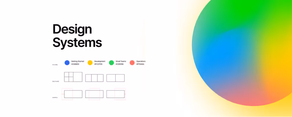 A Design Systems which has blue colour for getting started, yellow colour for development, green colour for small teams, red colour for operations and has 6 types of shapes.