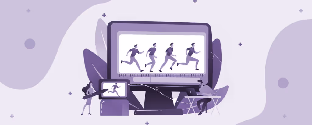 A man is using a laptop, women is standing with a pen and 4 people are running inside the screen