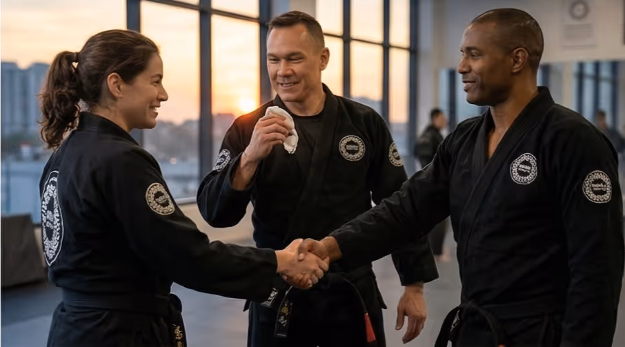 Three adults in black martial arts uniforms shaking hands and smiling inside a training studio at sunset.