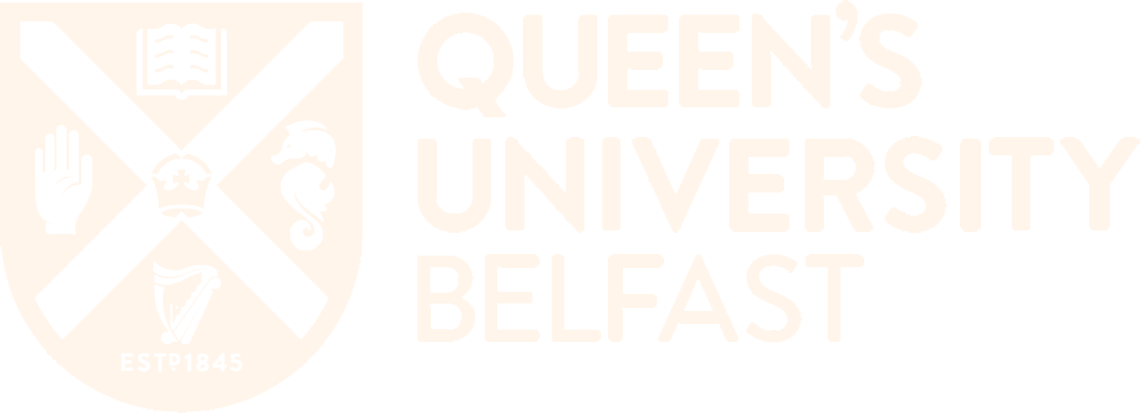 Queen's University Belfast logo featuring a shield with an open book, raised hand, seahorse, harp, crown, and ESTD 1845, alongside the text 'Queen's University Belfast'.