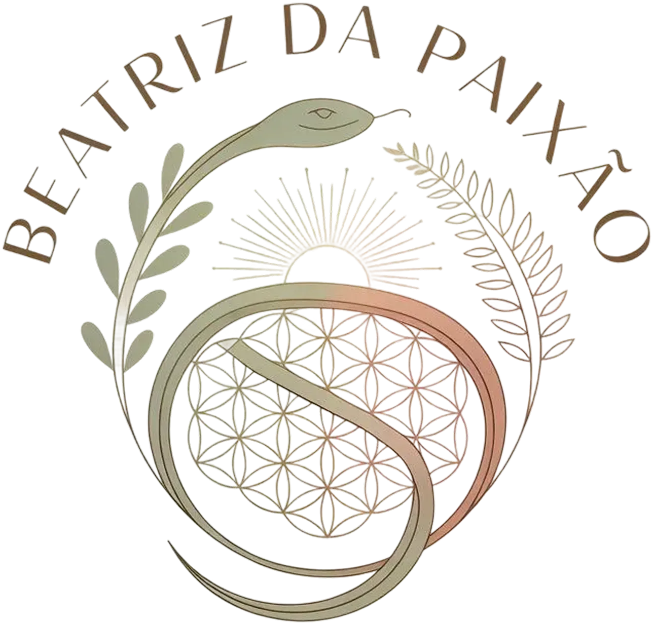 Logotipo com texto 'Beatriz da Paixão', serpente envolta em mandala floral com sol estilizado e ramos de folhas.