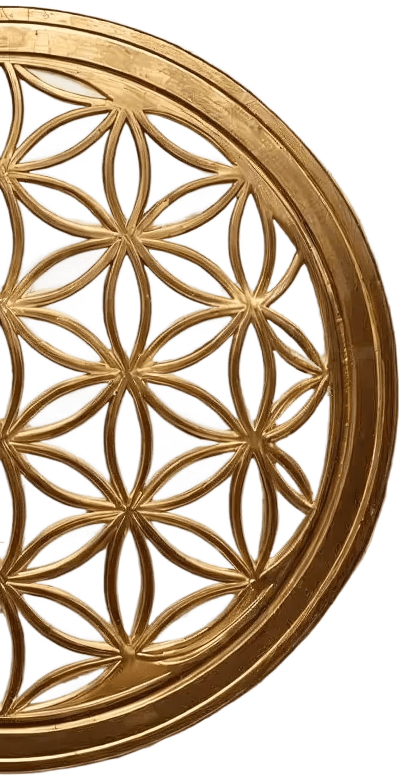 Padrão geométrico dourado em forma de flor da vida com círculos entrelaçados.