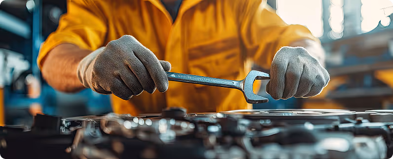 Mechanic wearing gloves and a yellow uniform holding a wrench while working on car engine repairs.
