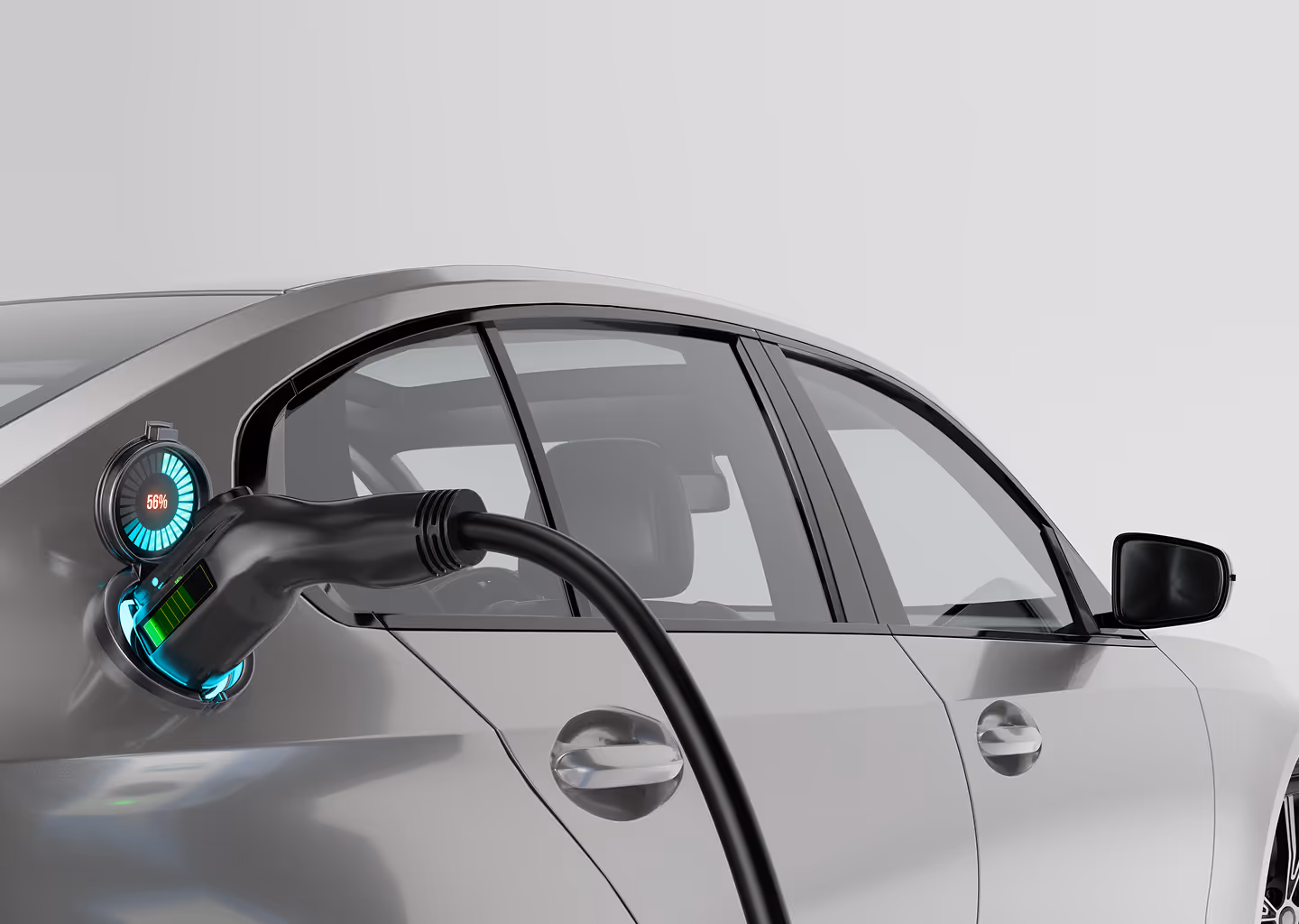 Silver electric car charging with a connected black charging plug showing 56% battery on a digital display.
