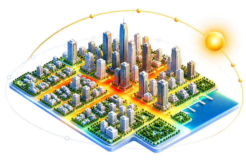 An isometric city district with its thermal field shown across streets and blocks