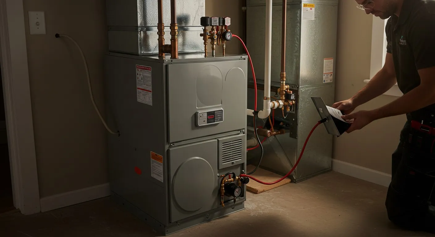 Technician reading device next to furnace.