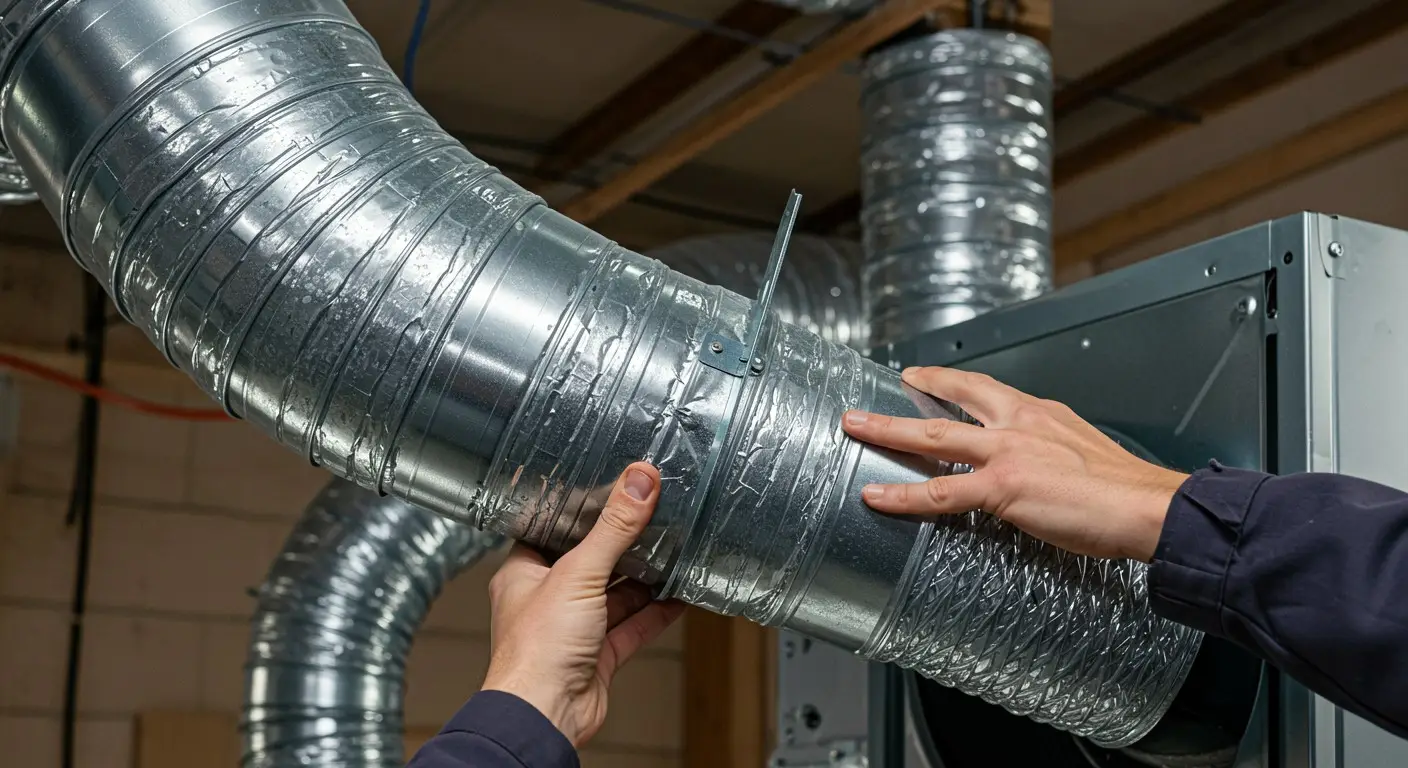 Hands connecting large flexible aluminum ductwork to a central HVAC unit during installation.