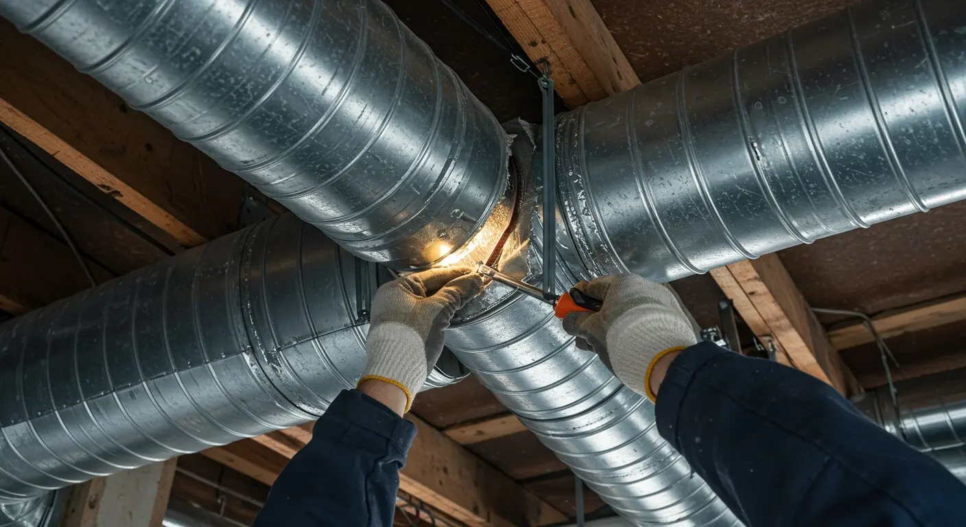 Gloved hands use tools to seal a connection between two large corrugated metal air ducts in a ceiling.