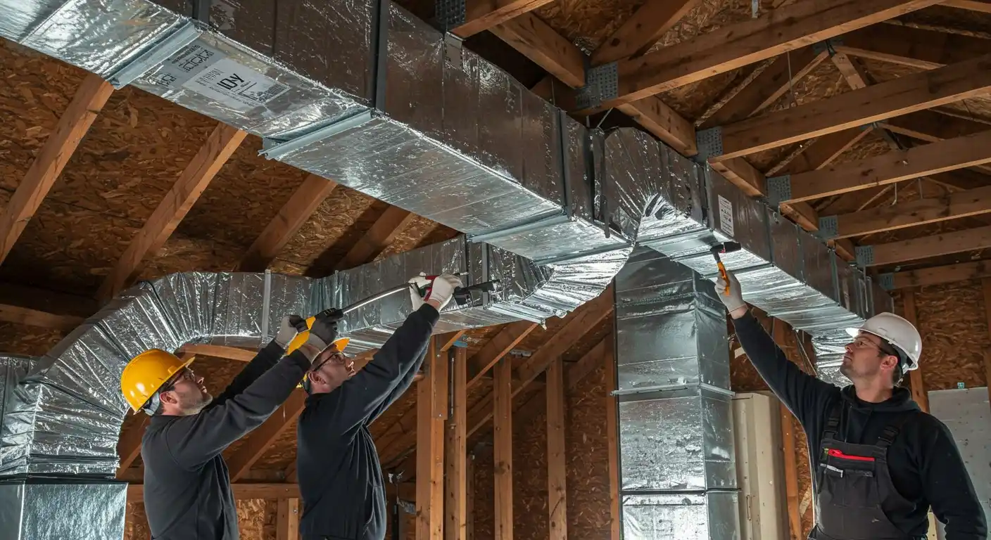 Three construction workers install insulated silver ductwork in the exposed wooden rafters of an attic or ceiling.