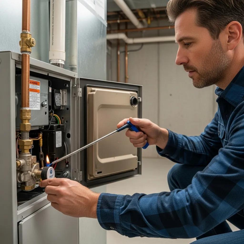 Homeowner safely relighting a furnace pilot light, demonstrating proper technique and safety measures
