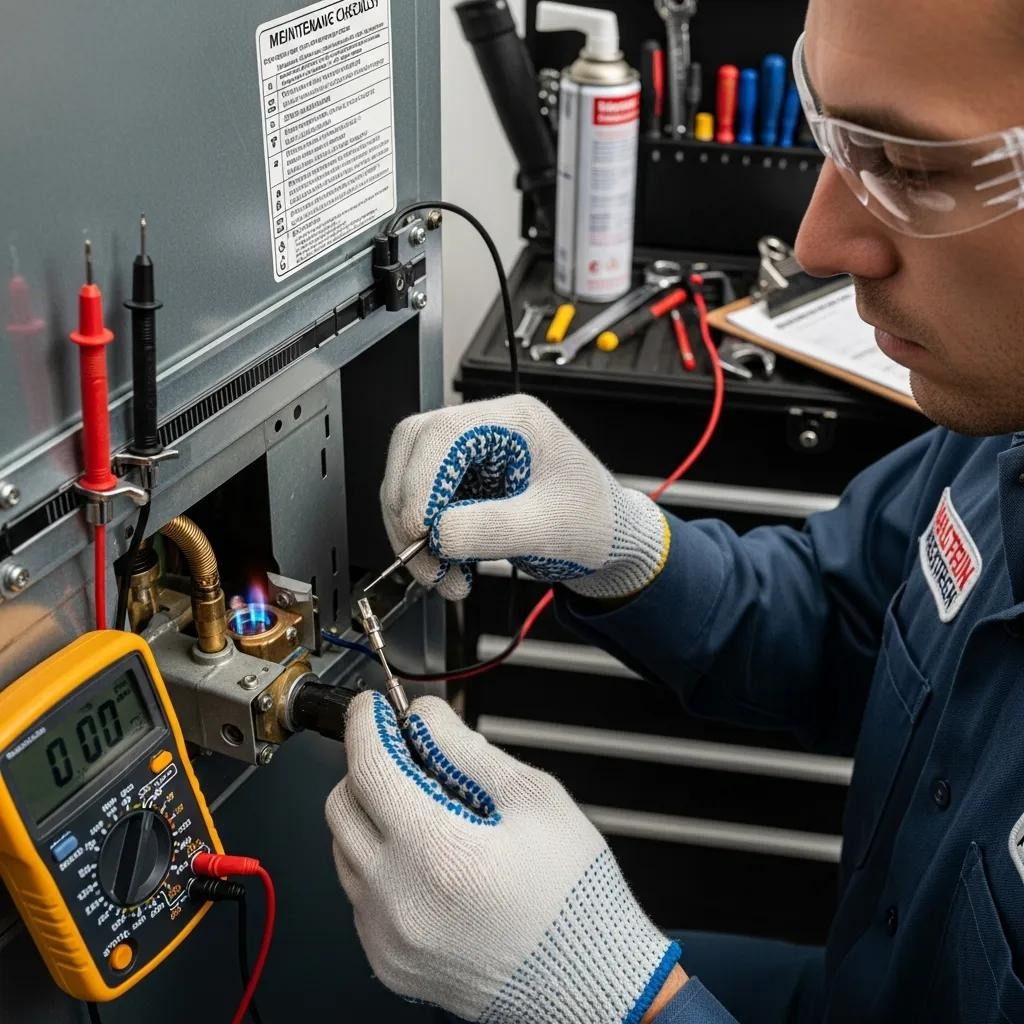 Technician inspecting a furnace thermocouple and pilot light assembly, highlighting the importance of preventative maintenance