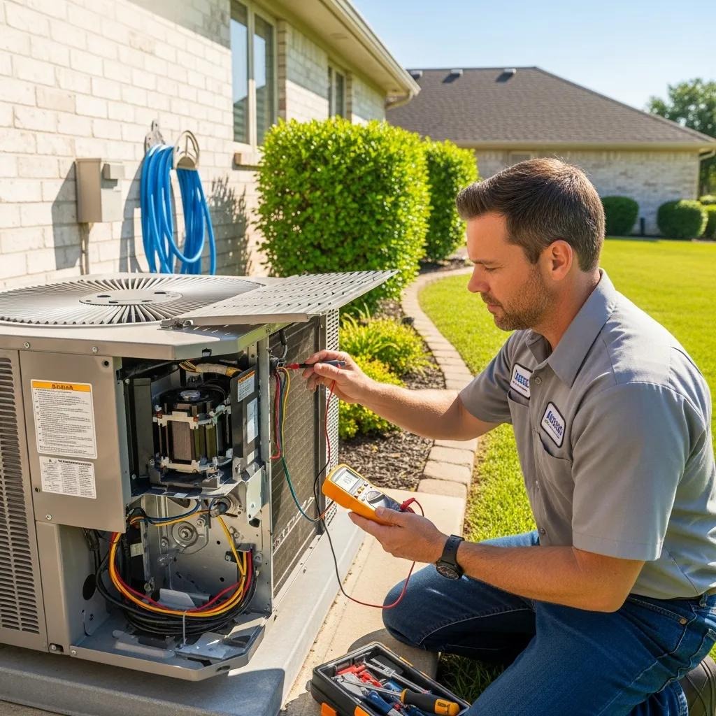 HVAC technician repairing an air conditioning unit in a residential home