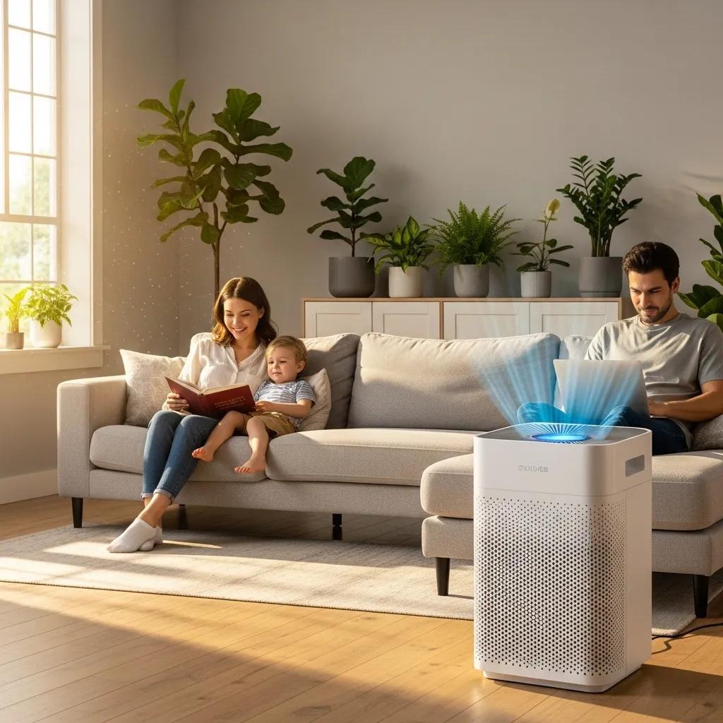 Modern air purifier in a bright living room, highlighting the importance of indoor air quality
