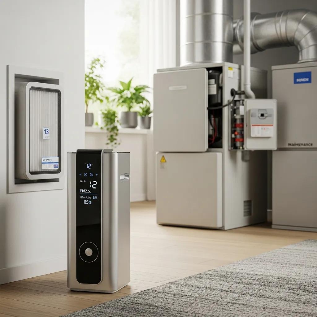 Different types of air purifiers in a home setting, showcasing options for improving indoor air quality
