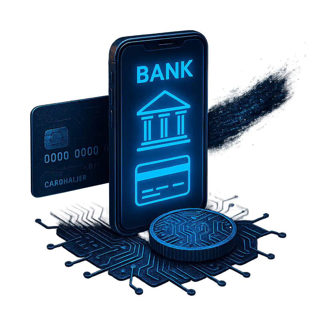 Smartphone displaying the word 'BANK' with bank and credit card icons, a credit card emerging from the phone, and a digital coin on a circuit board.