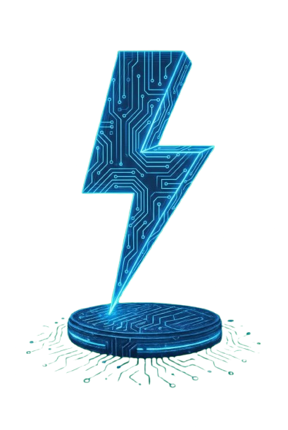 Blue digital lightning bolt with circuit board patterns floating above a circular base with similar circuitry design.