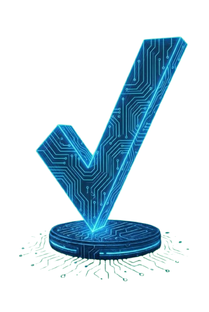 Blue digital checkmark with circuit board pattern standing on a circular base emitting green circuit lines.