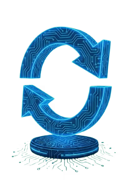 Blue glowing circular double arrow with circuit board pattern hovering above a round base with green circuit traces.