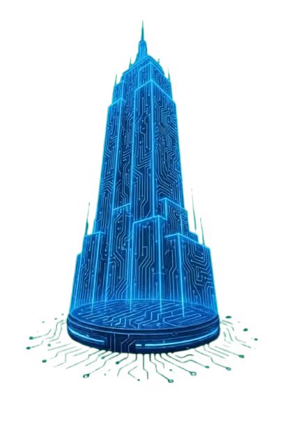 Blue digital hologram of a skyscraper with circuit-like patterns on a circular base with green circuit lines extending outwards.