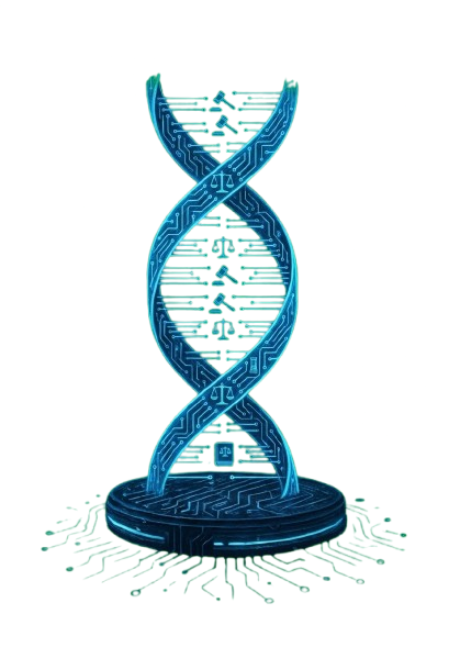 Digital blue DNA double helix with circuit board patterns and floating justice scales symbols inside, standing on a round base with green circuit lines extending outward.