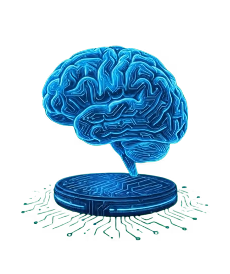 Glowing blue digital brain hovering above a circular platform with circuit patterns and green circuit-like lines extending outward.