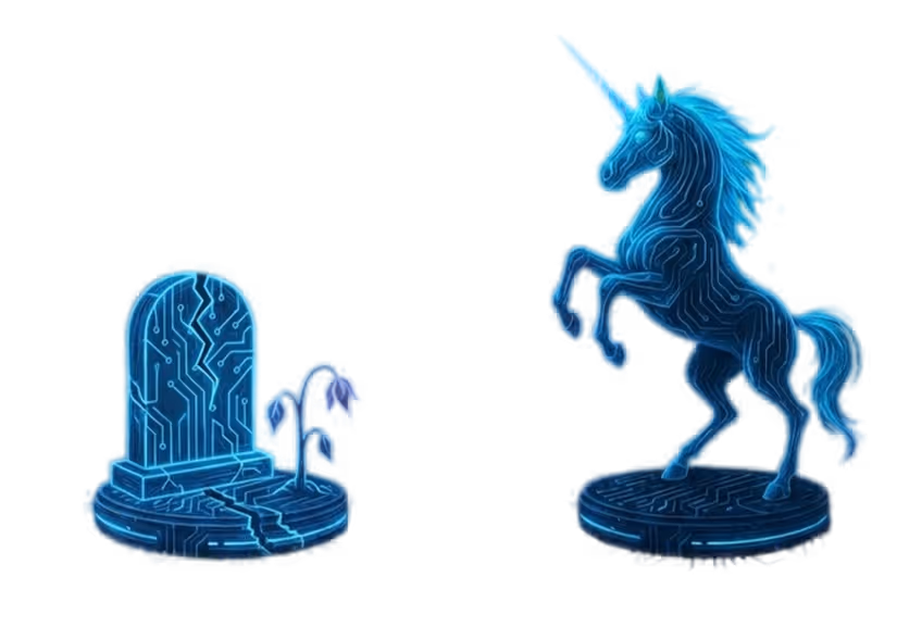Glowing blue digital-style unicorn statue rearing on a round platform beside a cracked grave marker with a wilted flower, both with circuit-like patterns.