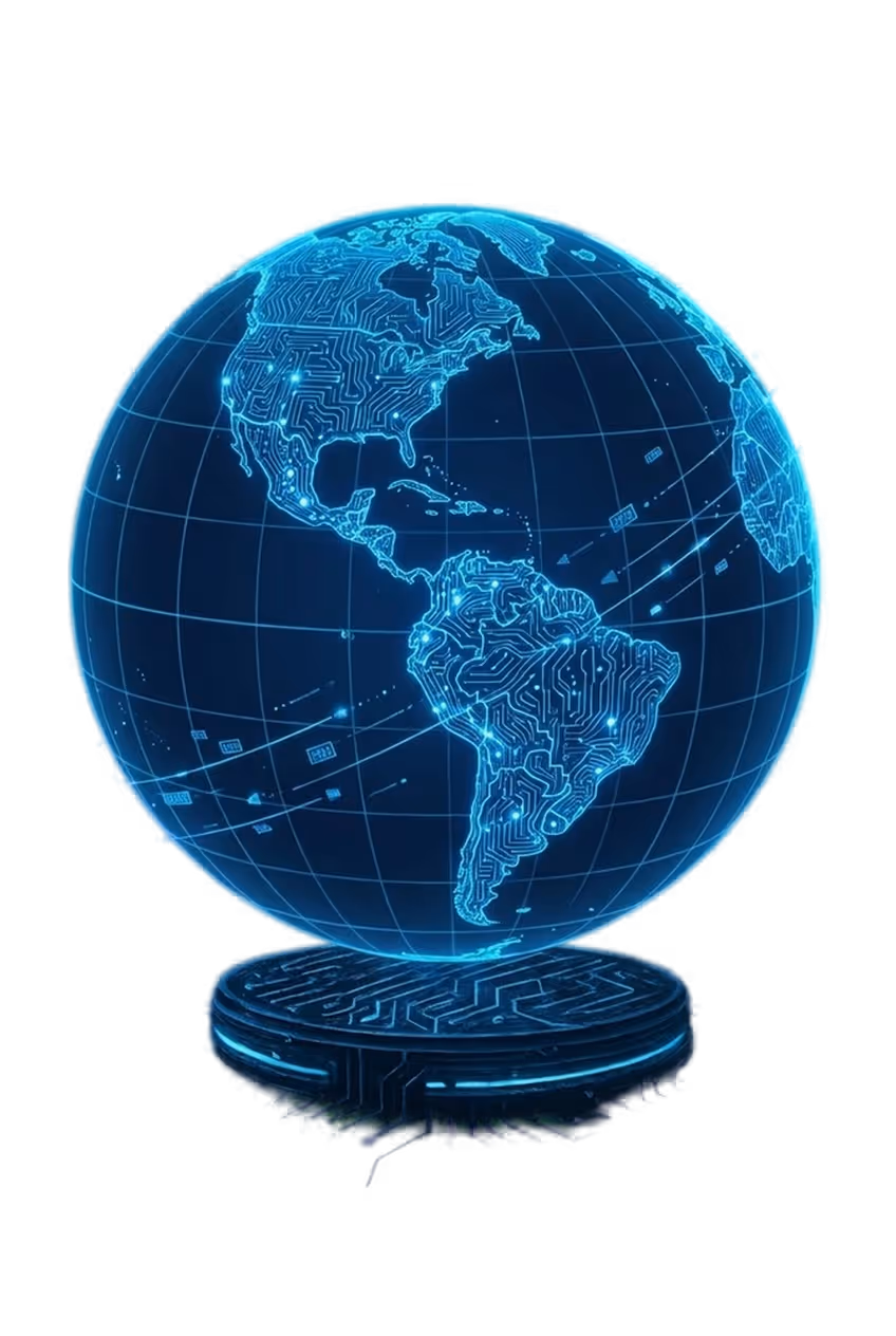 Glowing blue digital globe showing North, Central, and South America with circuit-like patterns and data points on a matching base.