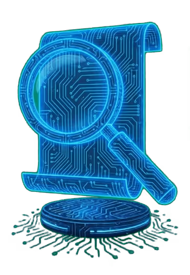 Blue neon circuit board style magnifying glass over a rolled digital document on a circular base with circuit lines extending outward.