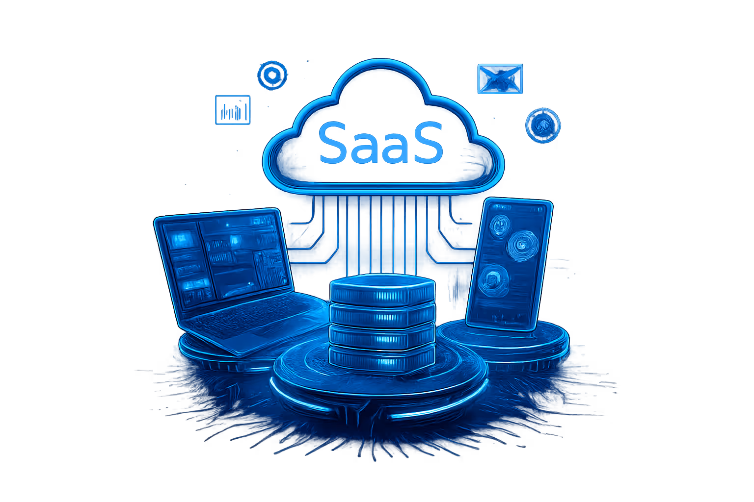 Digital illustration of cloud labeled SaaS connected to a laptop, smartphone, and server stack representing cloud software services.