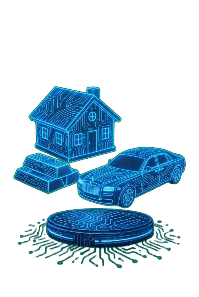 Digital neon blue circuit board representations of a house, gold bars, a luxury car, and a large coin with circuit patterns and connections beneath it.