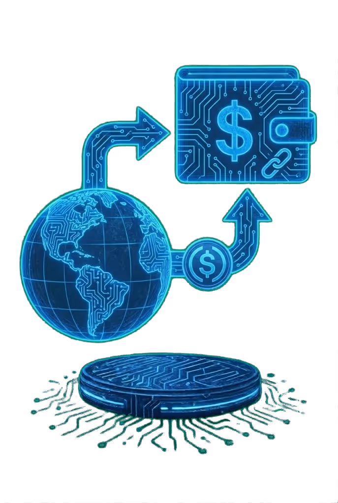 Digital blue hologram of a globe connected with circuit lines to a wallet and a coin featuring dollar signs, symbolizing global digital currency and transactions.
