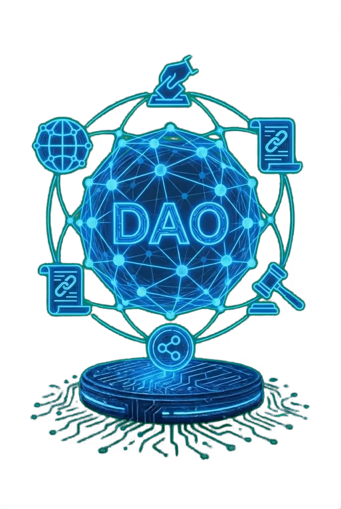 Glowing blue 3D network sphere with the letters DAO in the center, surrounded by icons of a handshake, documents with links, a gavel, and a globe, symbolizing decentralized autonomous organization concepts.