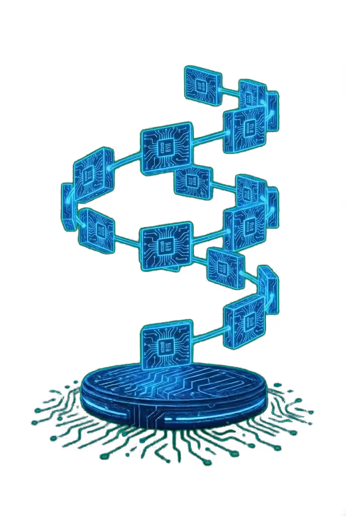 Digital representation of a blockchain with interconnected blue circuit board chips spiraling upwards from a digital coin base.