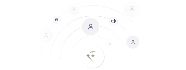 Central star icon surrounded by connected circles with user and document icons representing a network or system.