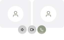 Two user icons with audio muted, video off, and active call buttons below.
