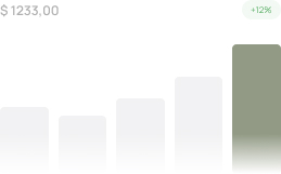 Bar chart with five ascending bars and a value of $1233.00 with a 12% increase.