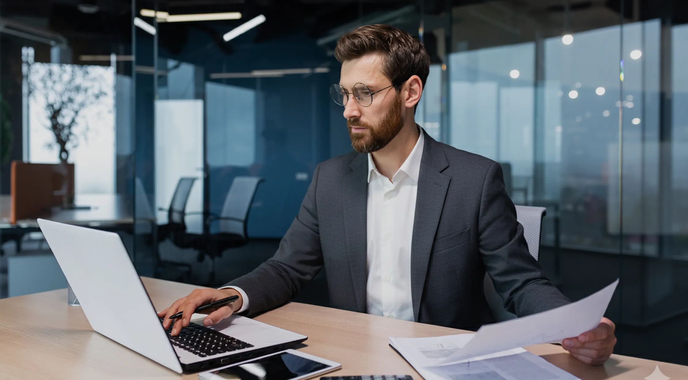 Bearded man in glasses and suit working at desk with laptop and holding a document in modern office.
