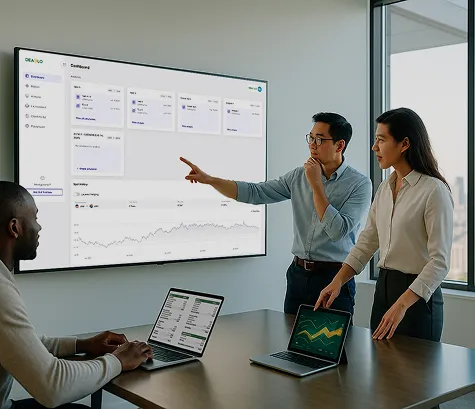 Three colleagues in a meeting room analyzing financial data displayed on a wall screen and laptops.