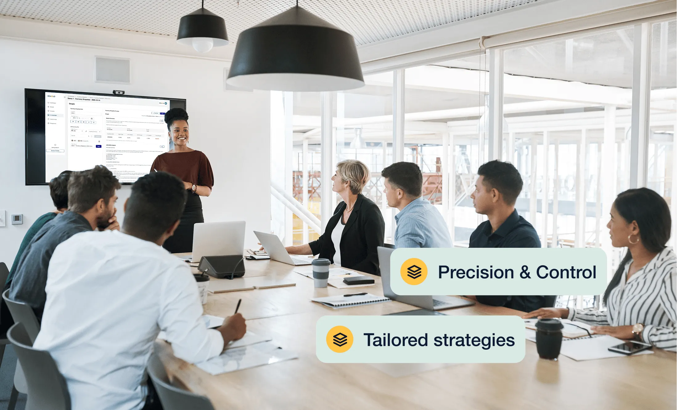 A businesswoman presenting to a diverse group in a conference room with a screen showing data, labeled with 'Precision & Control' and 'Tailored strategies'.