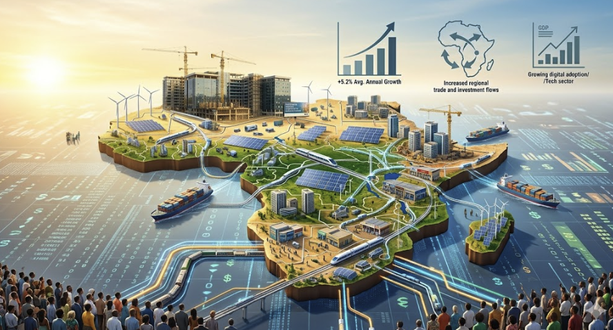 Economic growth depiction with graphs and trades