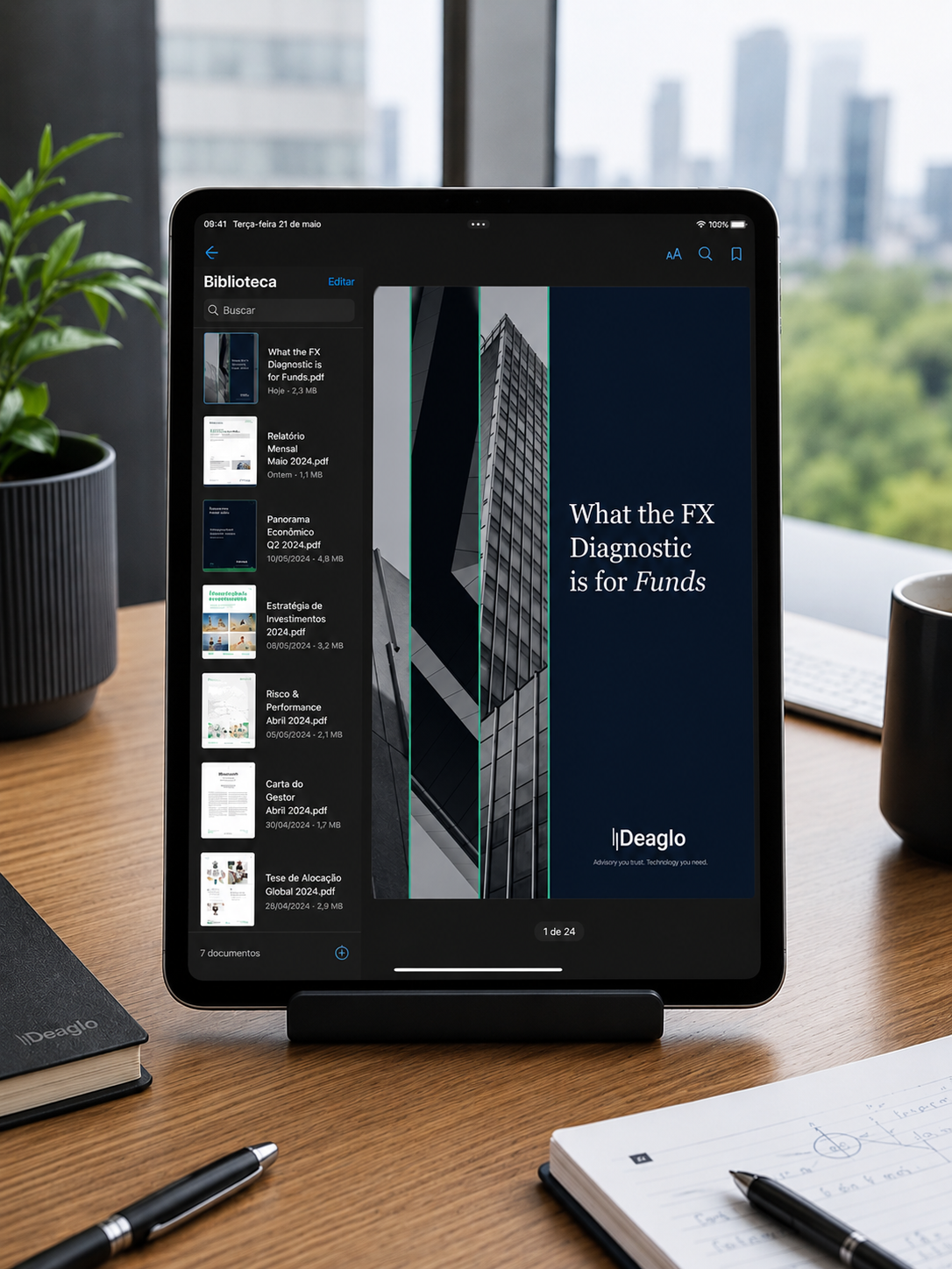 Tablet displaying the Deaglo "What the FX Diagnostic is for Funds" guide, covering FX risk management, hedge assessment and IRR analysis for investment funds, in a modern financial office environment.