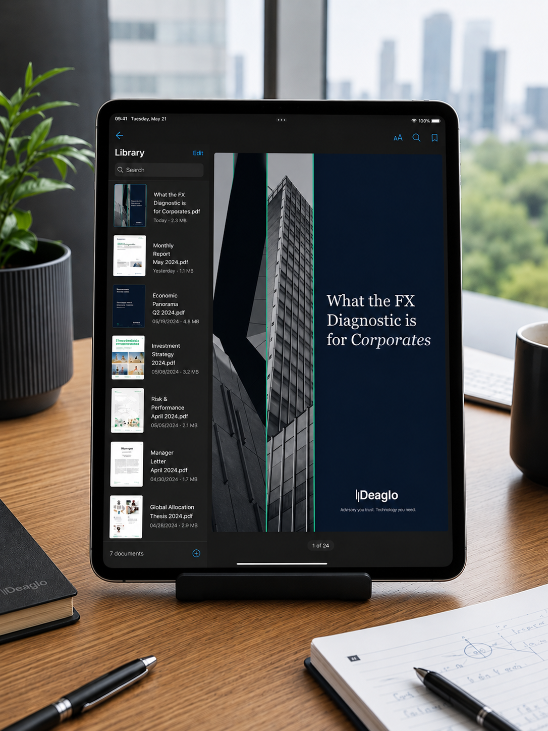 Tablet displaying the Deaglo "What the FX Diagnostic is for Corporates" guide in a PDF library app, highlighting corporate treasury management, foreign exchange risk analysis, hedge review and currency exposure assessment in a modern financial office environment.