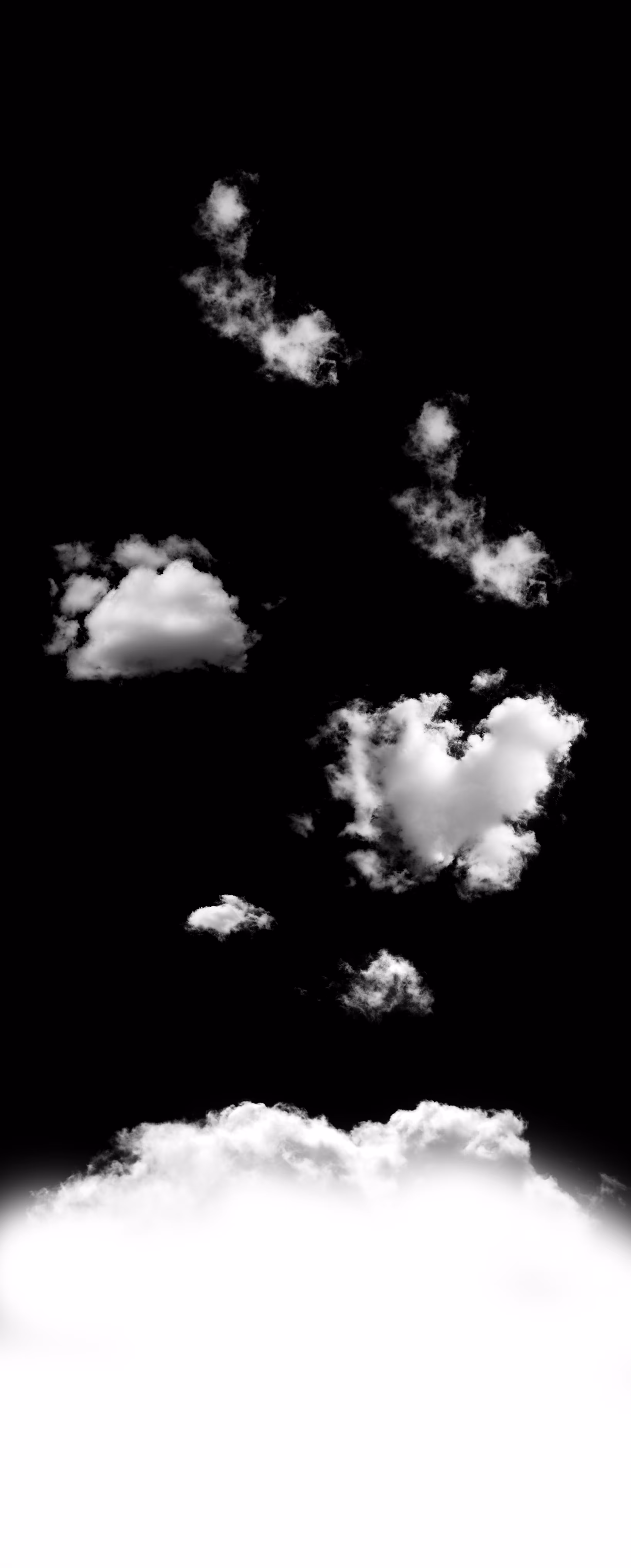 White clouds of various shapes against a completely black background.